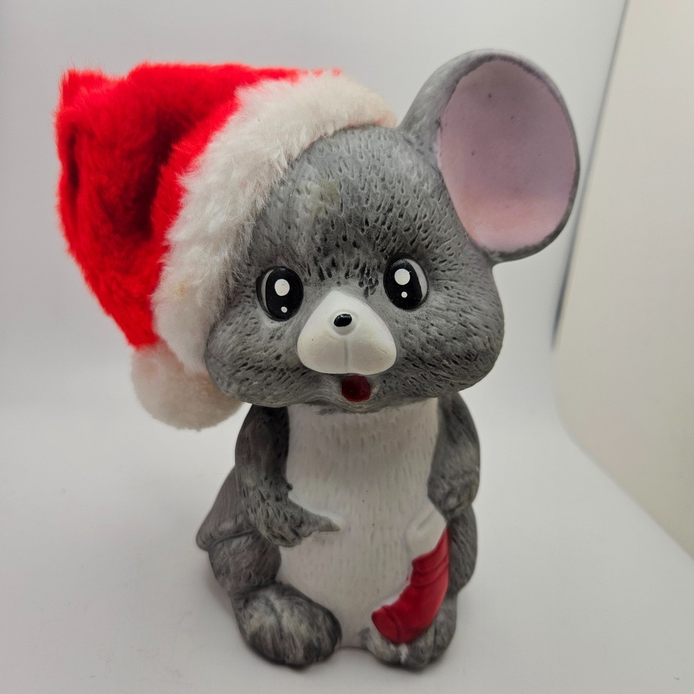 Vintage Lighted Christmas Mouse Ceramic Night Light Santa Hat Works Box